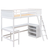 Twin size Loft Bed with Shelves and Desk, Wooden Loft Bed with Desk - White(OLD SKU:LT000537AAK) - Home Elegance USA