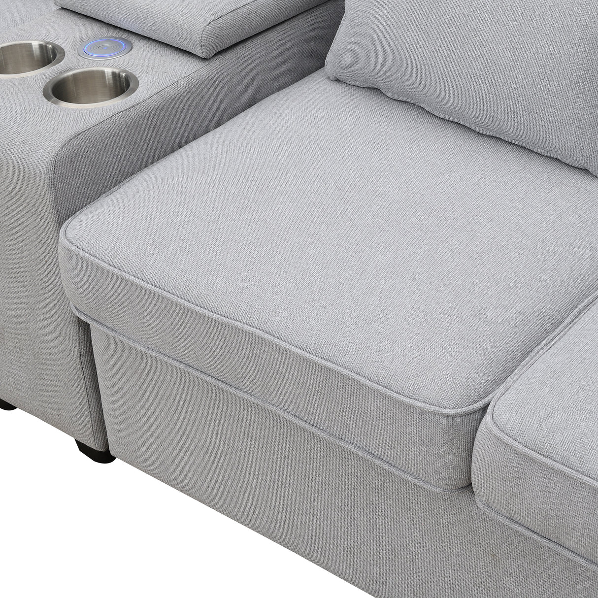 [VIDEO provided] [New] 114.2" Upholstered Sofa with Console, 2 Cupholders and 2 USB Ports Wired or Wirelessly Charged, Modern Linen Fabric Couches with 4 Pillows for Living Room, Apartment (4-Seat) Home Elegance USA