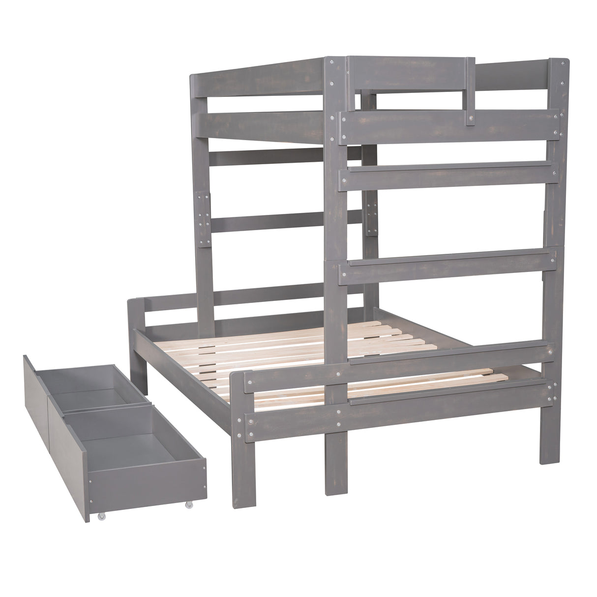 Twin over Full Wood Bunk Bed with 2 Drawers, Gray - Home Elegance USA