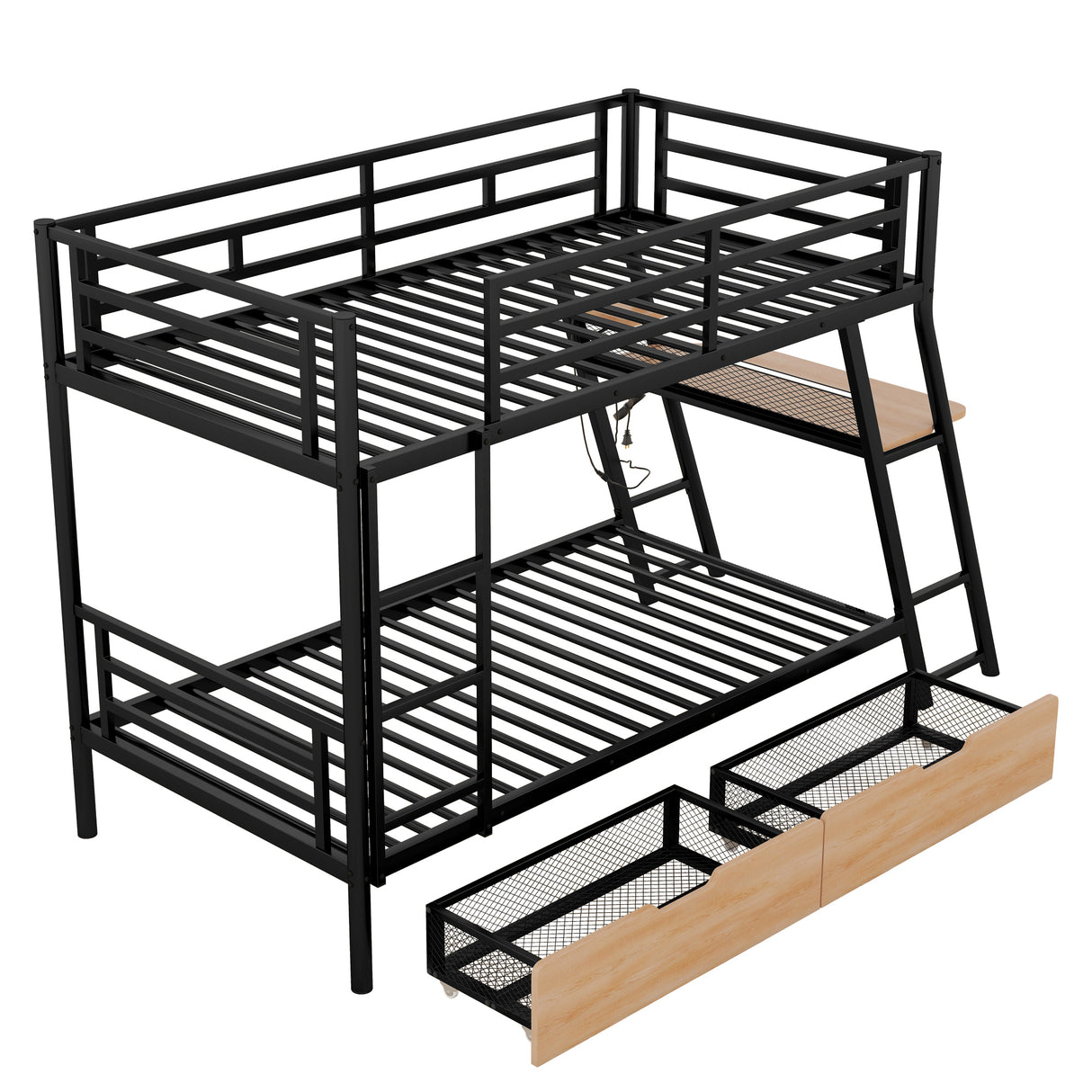 Twin Size Metal Bunk Bed with Built-in Desk, Light and 2 Drawers, Black(Expected Arrival Time: 9.18)