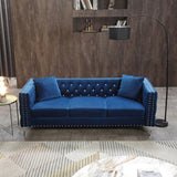 82.3" Width Modern Velvet Sofa Jeweled Buttons Tufted Square Arm Couch Blue,2 Pillows Included | Home Elegance USA