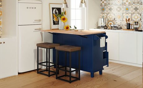 TOPMAX Farmhouse Kitchen Island Set with Drop Leaf and 2 Seatings,Dining Table Set with Storage Cabinet, Drawers and Towel Rack, Blue+Black+Brown - Home Elegance USA