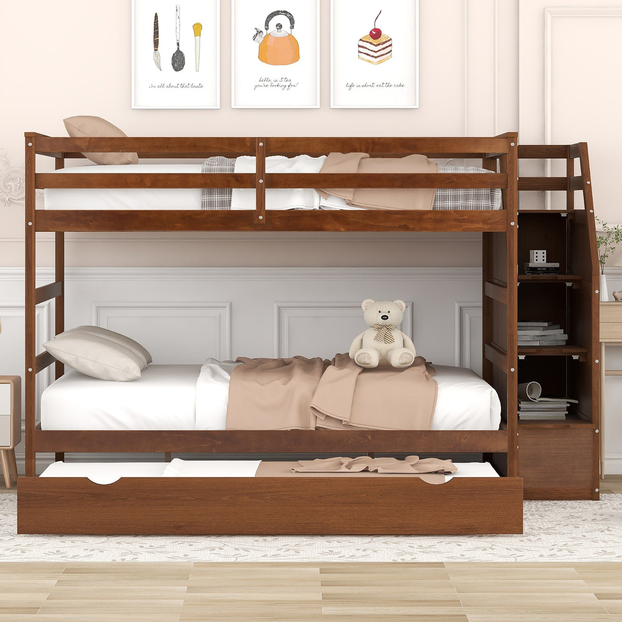 Full-over-Full Bunk Bed with Twin Size Trundle and 3 Storage Stairs,Walnut - Home Elegance USA