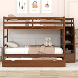 Full-over-Full Bunk Bed with Twin Size Trundle and 3 Storage Stairs,Walnut - Home Elegance USA