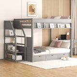 Wood Full Size Convertible Bunk Bed with Storage Staircase, Bedside Table, and 3 Drawers, Gray - Home Elegance USA