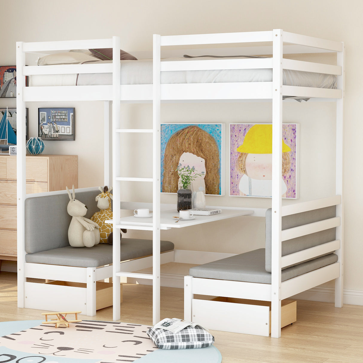 Functional Loft Bed (turn into upper bed and down desk，cushion sets are free),Twin Size,White - Home Elegance USA