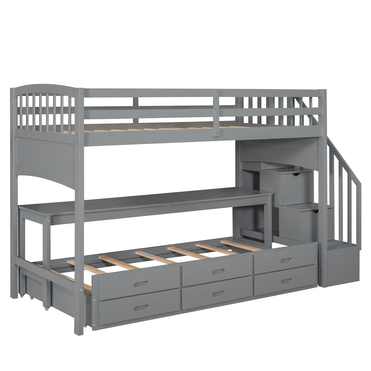 Stairway Twin XL Loft Bed with Twin Size Trundle and 3 Drawers, Storage, Desk, Gray - Home Elegance USA