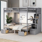 Full over Full Size Bunk Bed with staircase,the Down Bed can be Convertible to Seats and Table Set,Grey - Home Elegance USA