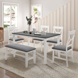 TOPMAX 6-Piece Wood Dining Table Set Kitchen Table Set with Upholstered Bench and 4 Dining Chairs, Farmhouse Style,Gray+White - Home Elegance USA