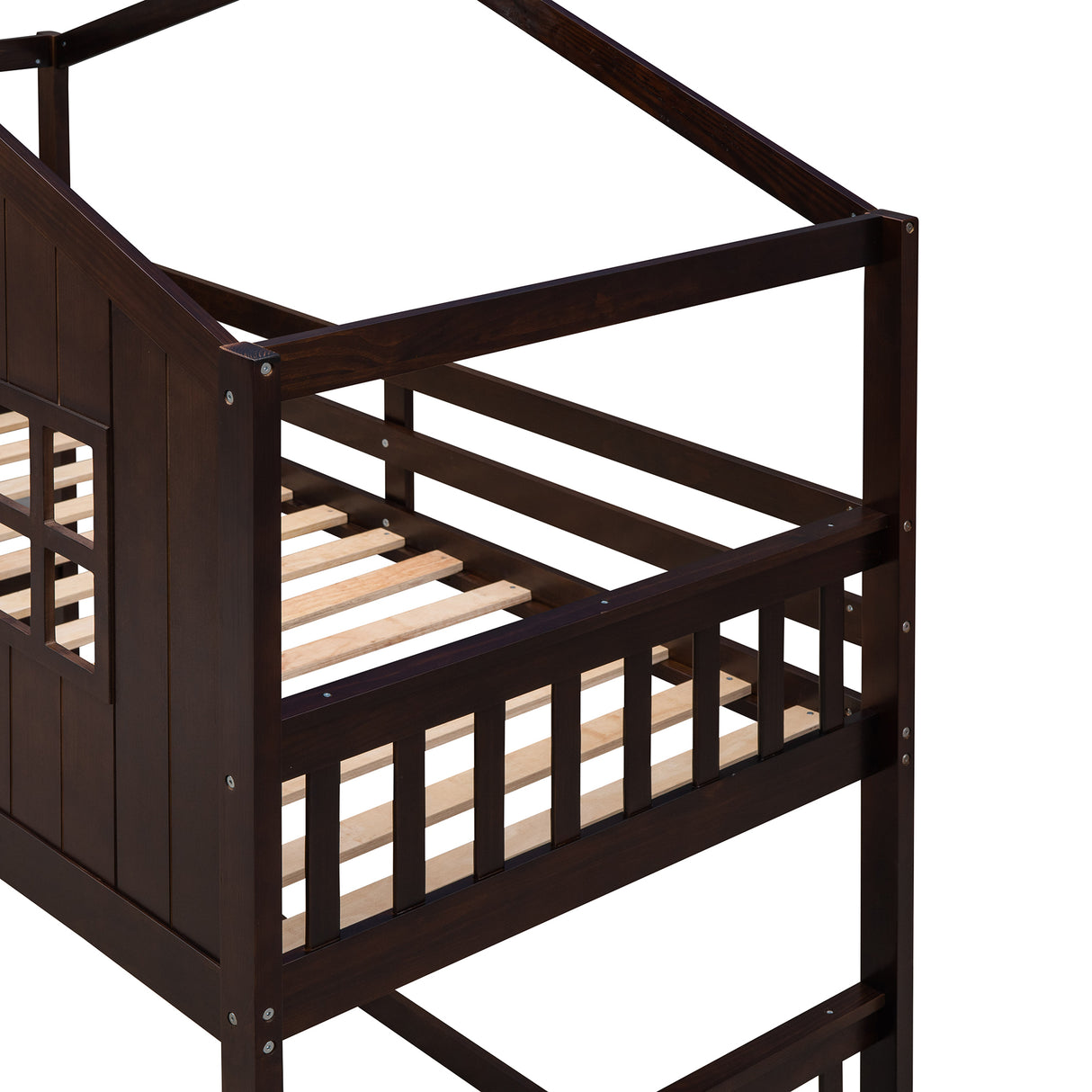 Twin Over Twin House Bunk Bed With Ladder, Wood Bed-Espresso - Home Elegance USA