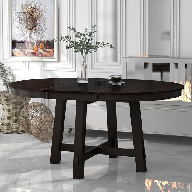 TREXM Farmhouse Round Extendable Dining Table with 16" Leaf Wood Kitchen Table (Espresso) - Home Elegance USA