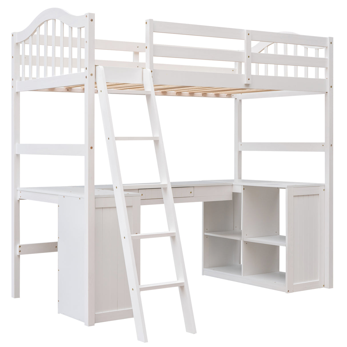 Twin size Loft Bed with Drawers, Cabinet, Shelves and Desk, Wooden Loft Bed with Desk - White(OLD SKU :LT000505AAK) - Home Elegance USA