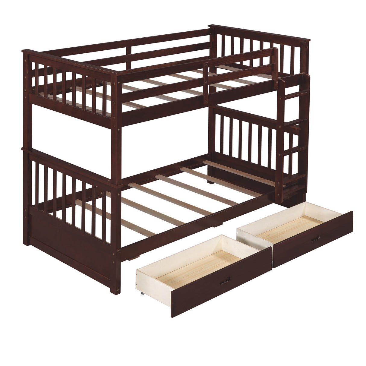 Twin-Over-Twin Bunk Bed with Ladders and Two Storage Drawers (Espresso) - Home Elegance USA