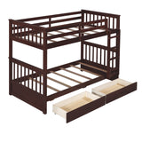 Twin-Over-Twin Bunk Bed with Ladders and Two Storage Drawers (Espresso) - Home Elegance USA