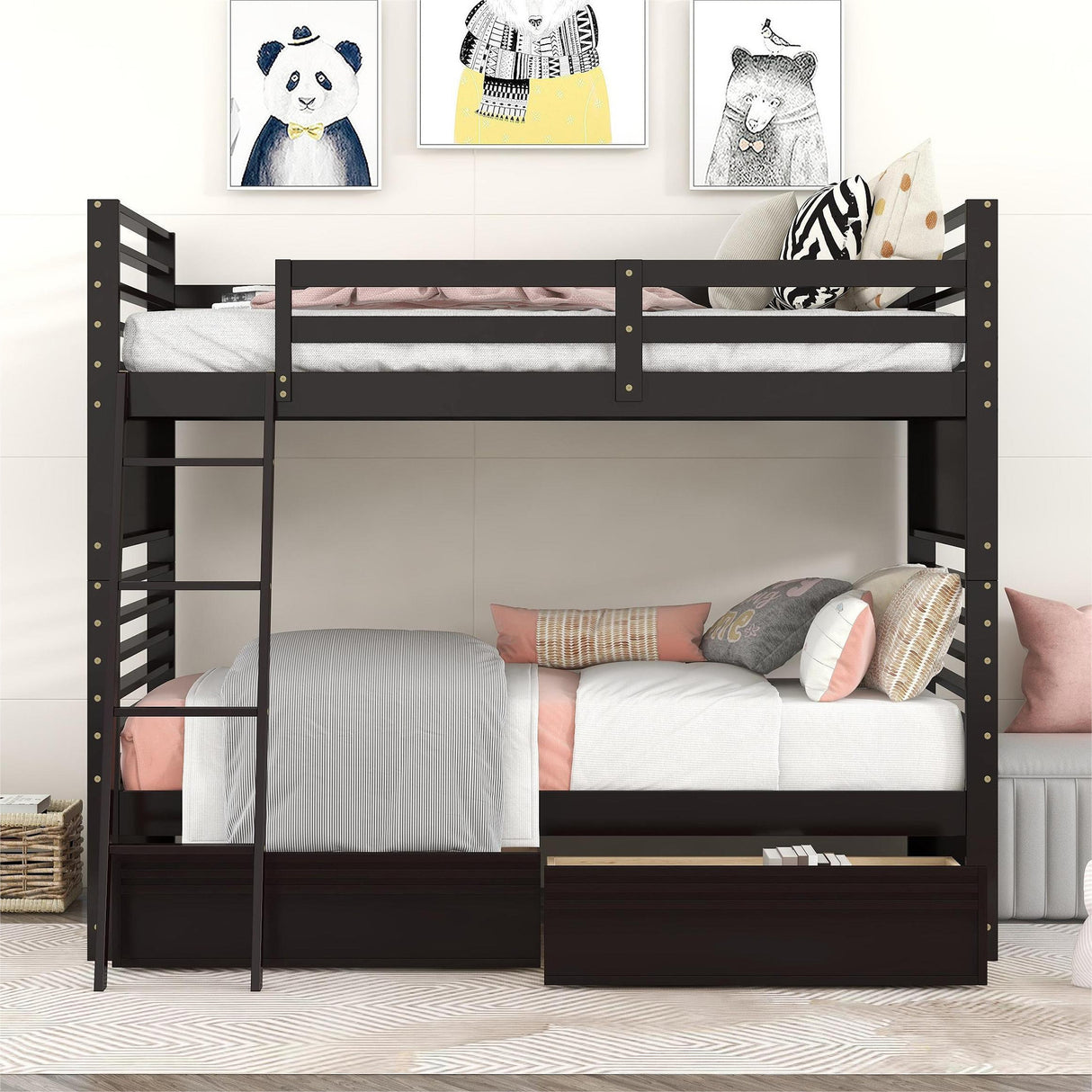 Twin over Twin Wood Bunk Bed with Two Drawers - Espresso· - Home Elegance USA