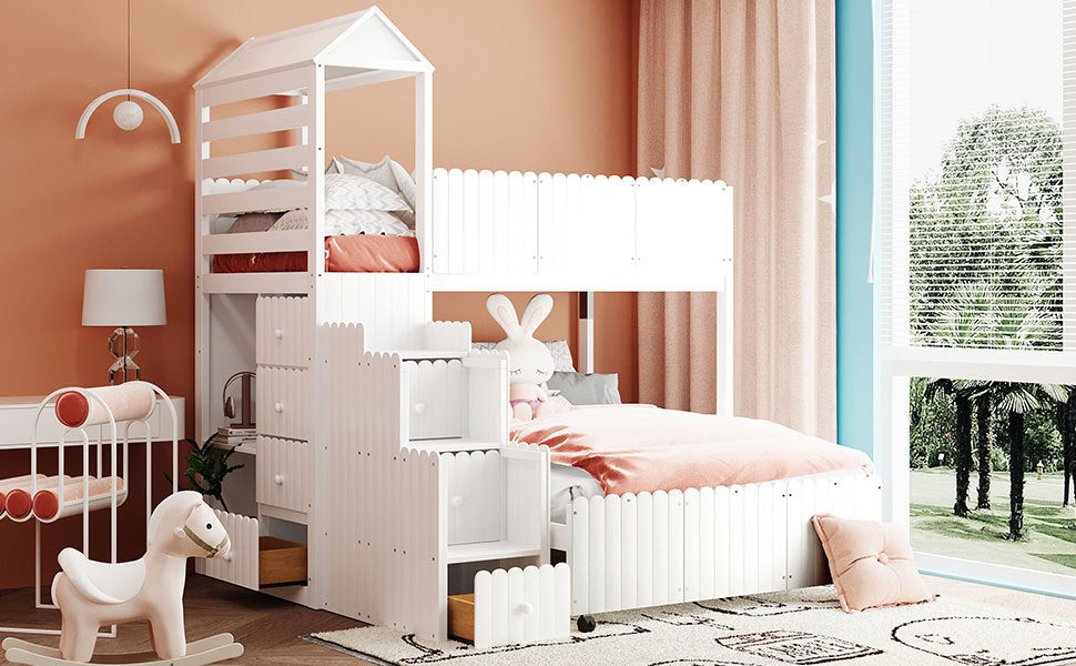 Stairway Twin Over Full Bunk Bed, House Bed with Two Shelves and Seven Drawers,White - Home Elegance USA