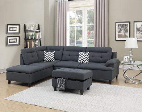 Living Room Furniture Charcoal Cushion Sectional w Ottoman Linen Like Fabric Sofa Chaise - Home Elegance USA