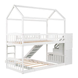 Twin Over Twin Bunk Bed with Two Drawers and Slide, House Bed with Slide, White(OLD SKU :LP000129AAK) - Home Elegance USA