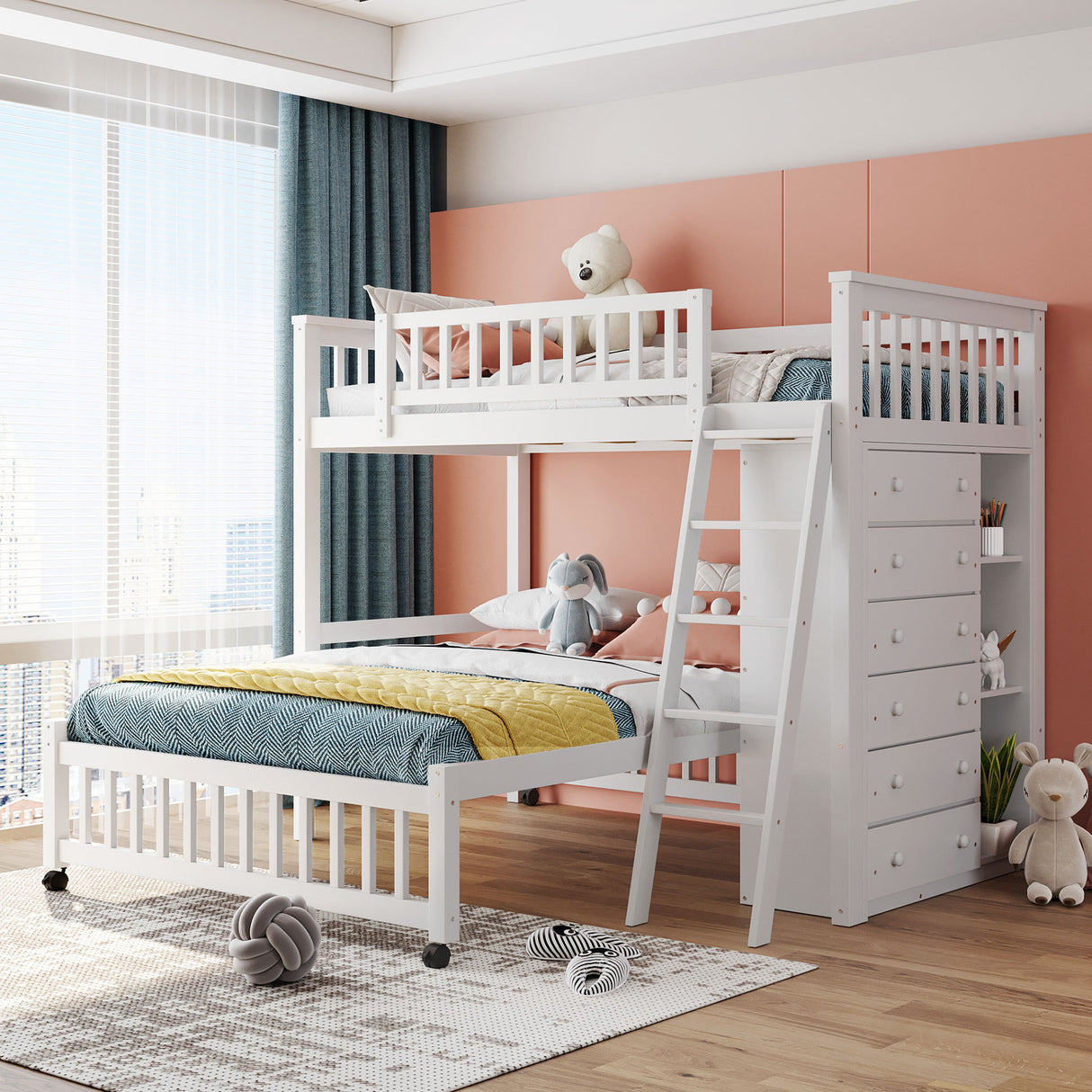 Wooden Twin Over Full Bunk Bed With Six Drawers And Flexible Shelves,Bottom Bed With Wheels,White(OLD SKU:LP000531AAK) - Home Elegance USA