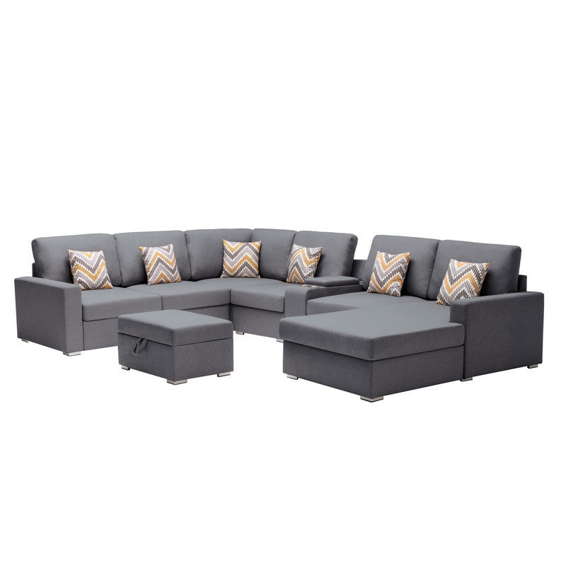 Nolan Gray Linen Fabric 8Pc Reversible Chaise Sectional Sofa with Interchangeable Legs, Pillows, Storage Ottoman, and a USB, Charging Ports, Cupholders, Storage Console Table - Home Elegance USA