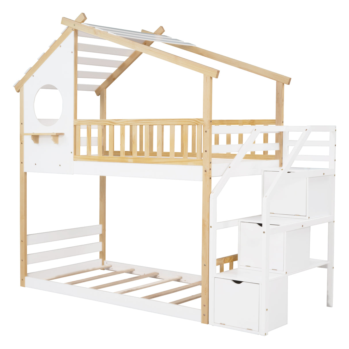 Stairway Twin-Over-Twin Bunk Bed,House Bed,Storage and Guard Rail,Natural Bed +White Stair - Home Elegance USA