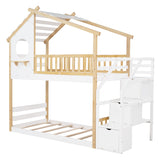 Stairway Twin-Over-Twin Bunk Bed,House Bed,Storage and Guard Rail,Natural Bed +White Stair - Home Elegance USA