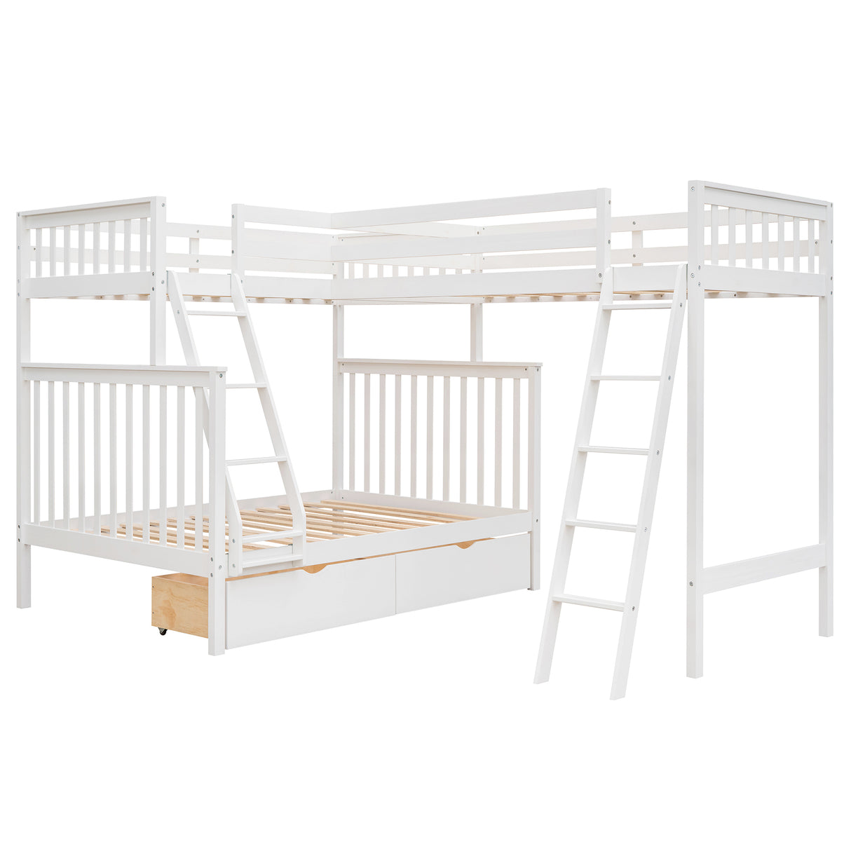 L-Shaped Twin over Full Bunk Bed and Twin Size Loft Bed with Two Storage Drawers,White - Home Elegance USA