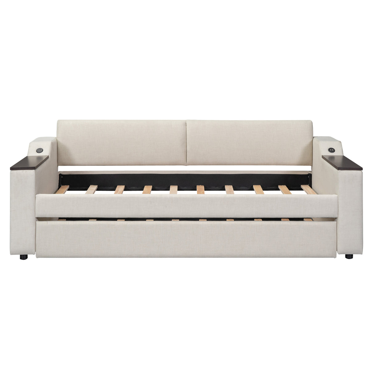 Twin Size Upholstery Daybed with Storage Arms, Trundle and USB Design, Beige