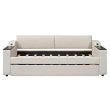 Twin Size Upholstery Daybed with Storage Arms, Trundle and USB Design, Beige