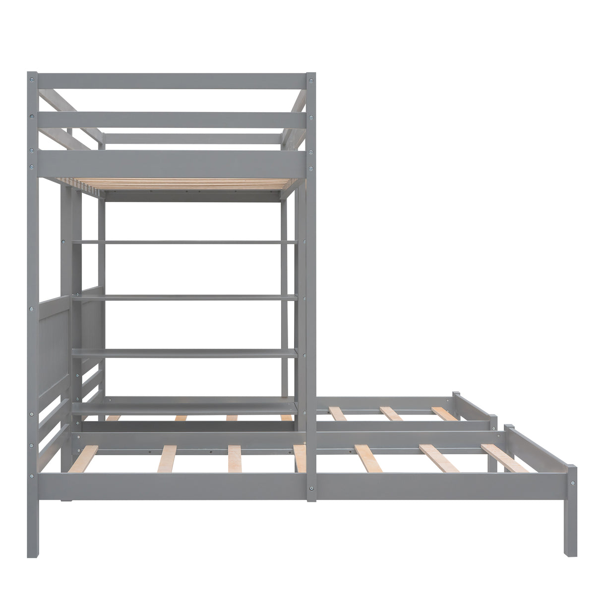 Twin XL over Twin&Twin Bunk Bed with Built-in Four Shelves and Ladder,Gray - Home Elegance USA