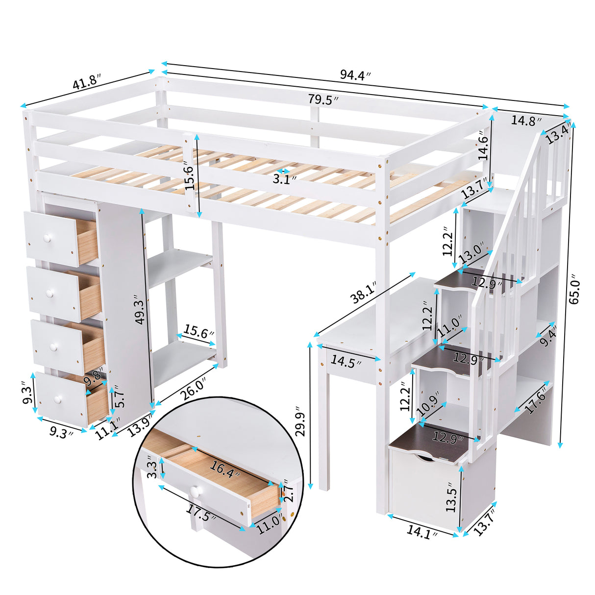 Twin size Loft Bed with Storage Drawers ,Desk and Stairs, Wooden Loft Bed with Shelves - White - Home Elegance USA