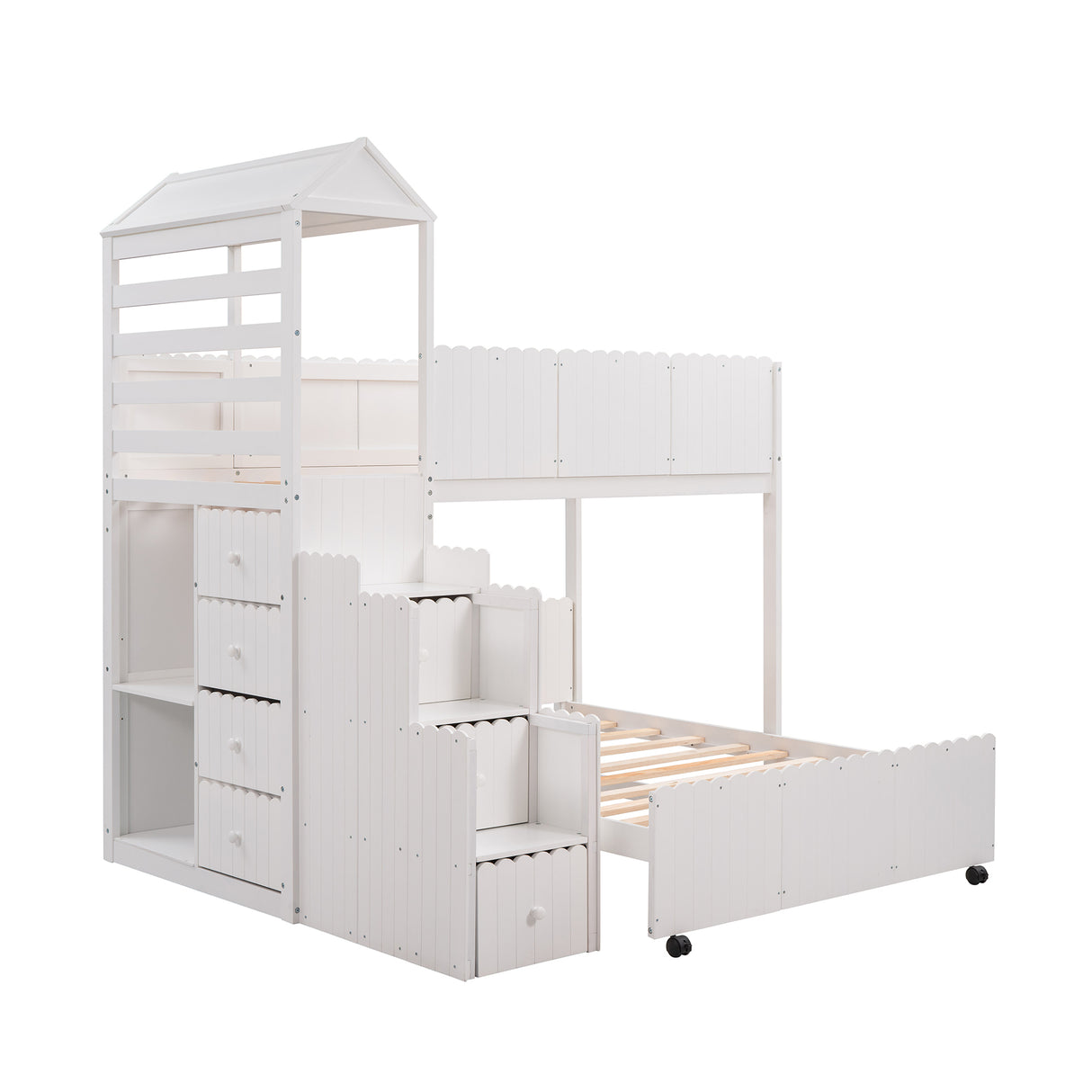 Stairway Twin Over Full Bunk Bed, House Bed with Two Shelves and Seven Drawers,White - Home Elegance USA