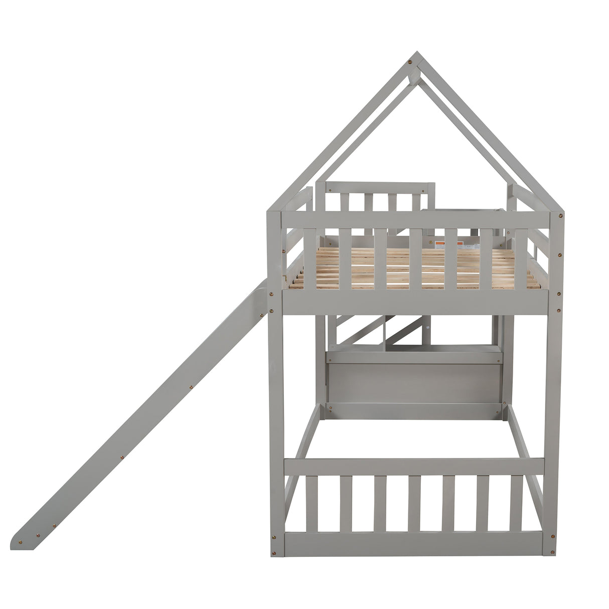 Twin over Twin House Bunk Bed with Slide and Storage Staircase,Grey - Home Elegance USA