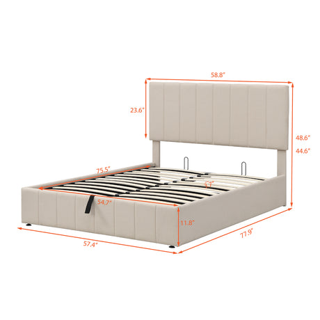 Full size Upholstered Platform bed with a Hydraulic Storage System - Beige - Home Elegance USA