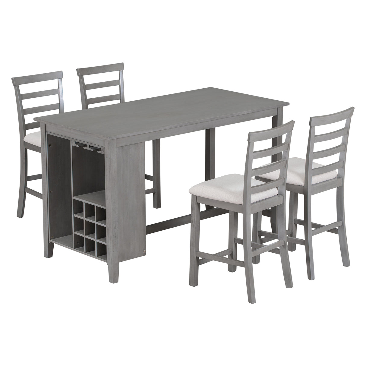 TREXM 5-Piece Multi-Functional Rubber Wood Counter Height Dining Set with Padded Chairs and Integrated 9 Bar Wine Compartment, Wineglass Holders for Dining Room (Gray) - Home Elegance USA