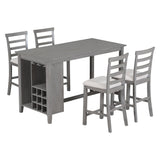 TREXM 5-Piece Multi-Functional Rubber Wood Counter Height Dining Set with Padded Chairs and Integrated 9 Bar Wine Compartment, Wineglass Holders for Dining Room (Gray) - Home Elegance USA