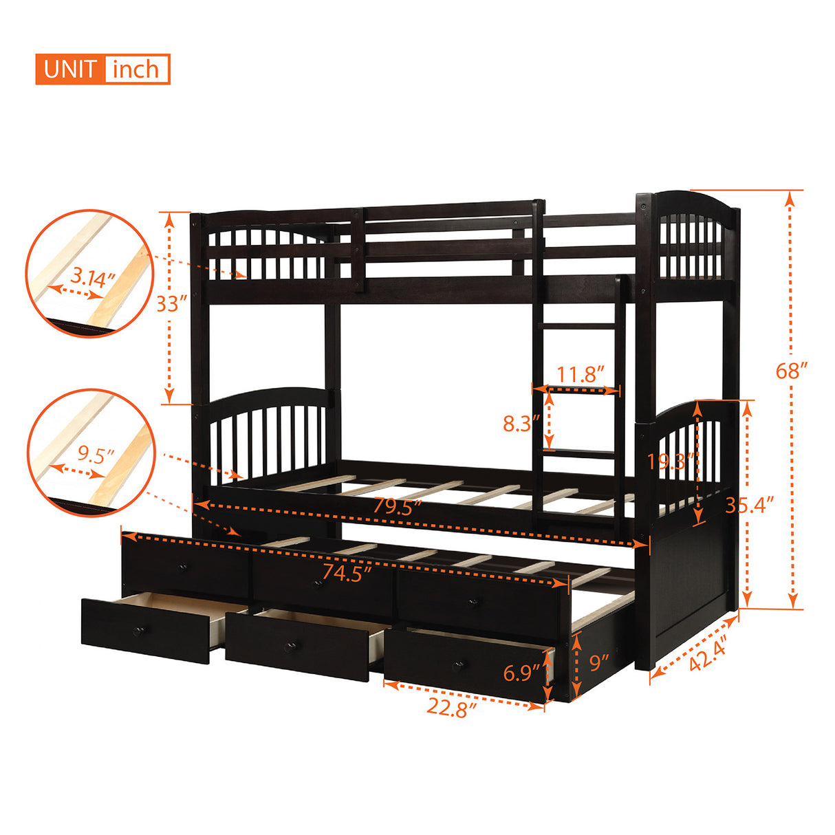 Twin Bunk Bed with Ladder, Safety Rail, Twin Trundle Bed with 3 Drawers for Teens Bedroom, Guest Room Furniture(Espresso)(OLD SKU :LP000071AAP) - Home Elegance USA