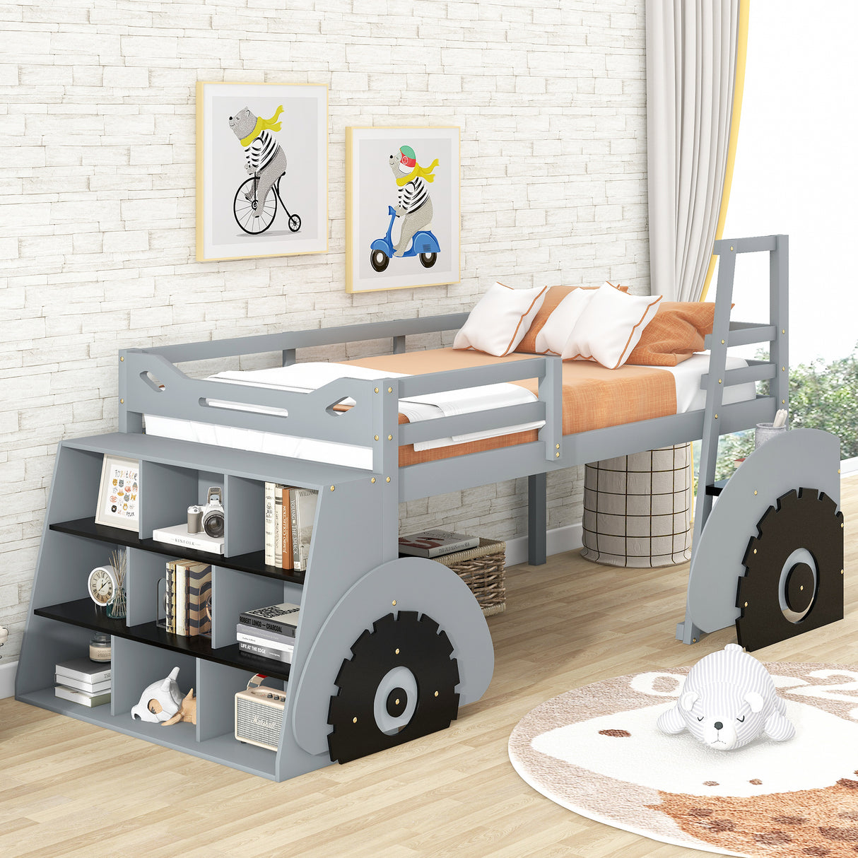 Twin Size Forklift Car-Shaped Loft Bed with Storage Shelves,Gray - Home Elegance USA
