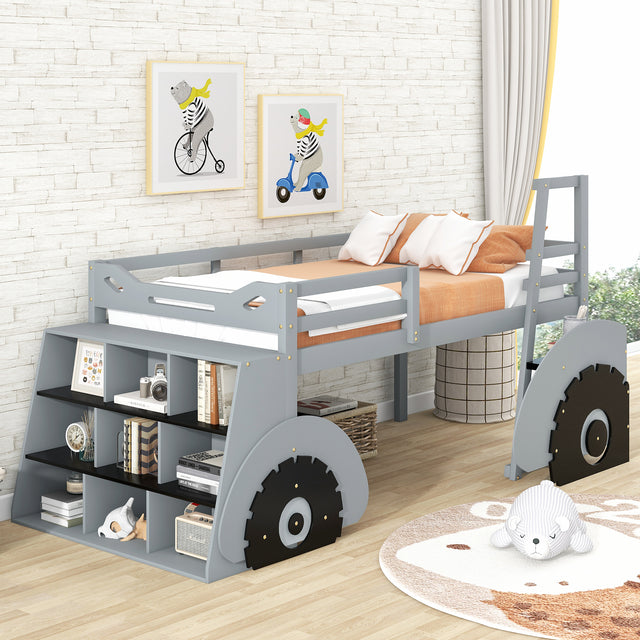 Twin Size Forklift Car-Shaped Loft Bed with Storage Shelves,Gray - Home Elegance USA