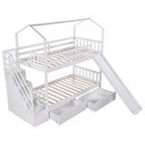 Twin over Twin House Bunk Bed with Two Drawers and Slide,Storage Staircase,White(OLD SKU:GX000906AAK) - Home Elegance USA