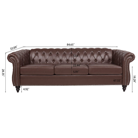 84.65" Dark Brown PU Rolled Arm Chesterfield Three Seater Sofa. - W68035342 - image - 9