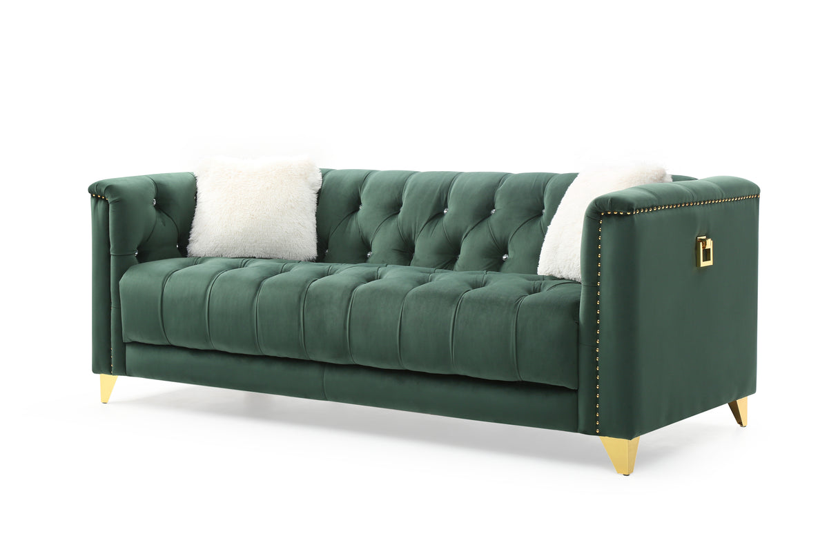 Russell Tufted Upholstery Sofa Finished in Velvet Fabric in Green Home Elegance USA