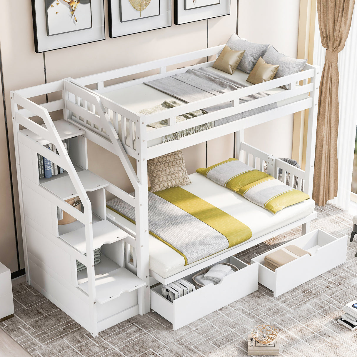 Twin over Full Bunk Bed with Two Drawers and Staircase, Down Bed can be Converted into Daybed,White Home Elegance USA