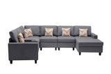 Nolan Gray Linen Fabric 7Pc Reversible Chaise Sectional Sofa with a USB, Charging Ports, Cupholders, Storage Console Table and Pillows and Interchangeable Legs - Home Elegance USA