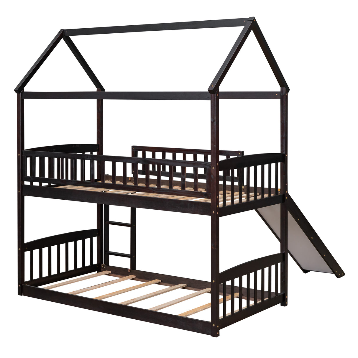 Twin Over Twin Bunk Bed with Slide, House Bed with Slide, Espresso(OLD SKU: LT000213AAP) - Home Elegance USA