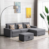 Nolan Gray Linen Fabric 4Pc Reversible Sofa Chaise with Interchangeable Legs, Storage Ottoman, and Pillows - Home Elegance USA