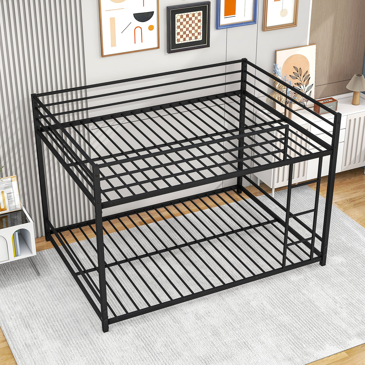Metal Bunk Bed Full-Over-Full, Low Bunk Bed with Metal Frame and Ladder, No Box Spring Needed Black - Home Elegance USA