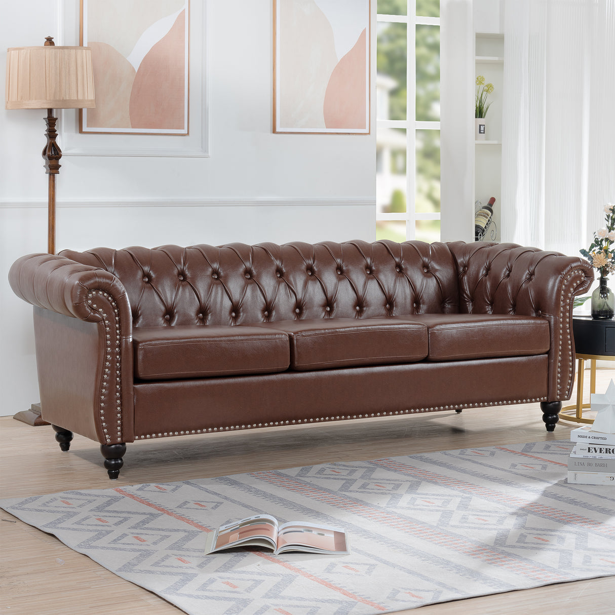 84.65" Dark Brown PU Rolled Arm Chesterfield Three Seater Sofa. - W68035342 - image - 2