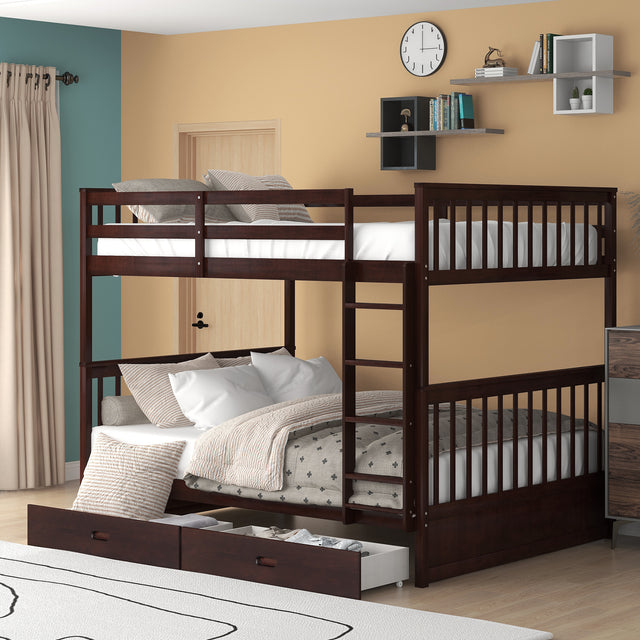 Full-Over-Full Bunk Bed with Ladders and Two Storage Drawers (Espresso) - Home Elegance USA