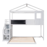 Twin over Full House Bunk Bed with Storage Staircase and Blackboard,White - Home Elegance USA